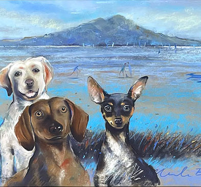 Pastel artwork of three dogs staring up at the viewer with Rangitoto behind by Merle Bishop. Links to a group exhibition by Art by the Sea Gallery artists celebrating our 30th anniversary in business. Modern oil pastel artists.