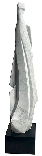 Thumbnail: Beautiful indoor dress sculpture in carrara marble. Tall tabletop NZ marble sculpture.