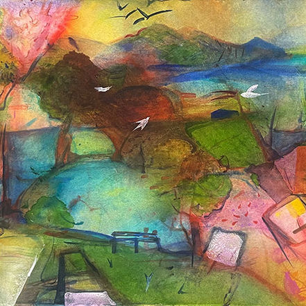 Brilliantly coloured abstract watercolour painting of white doves stark against an abstract sky and land; artwork by Carol Readman links to a 2026 exhibition of art by Carol NZ watercolour artist.