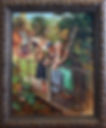 Traditional oil painting of three women on a wooden bridge. Ornately framed oil artwork NZ; original art for sale nz; nz art.
