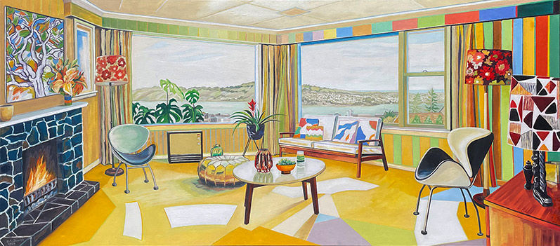 Thumbnail: Original oil painting of a house interior in Dunedin. New Zealand retro art, house and architecture landscapes.