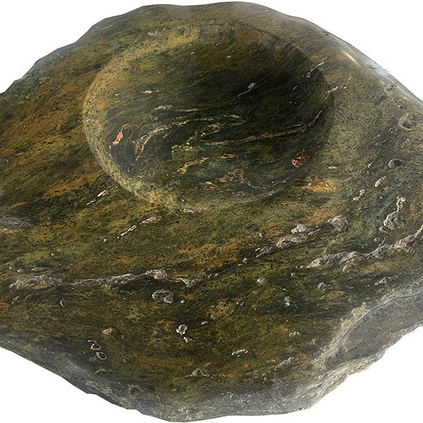 Thumbnail: Maori stone carving of a pounamu touchstone or bowl mounted on a kauri wood post with black rope binding. NZ art.