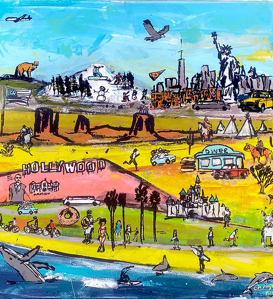 Pop art abstract painting celebrating cool places in America by pop artist Christian Nicolson; fun colourful vibrant art.