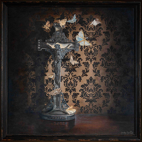 Thumbnail: Still life artwork of a crucifixion with fluttering moths around it. Surreal paintings NZ. With frame.