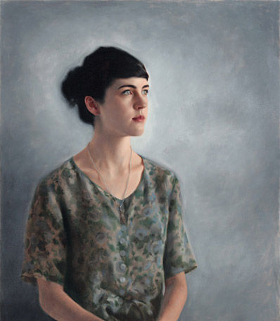 Softly painted oil portrait of a woman in a pale green top with a grey background. Commission a portrait NZ. Oil artists and ready to hang canvas art.
