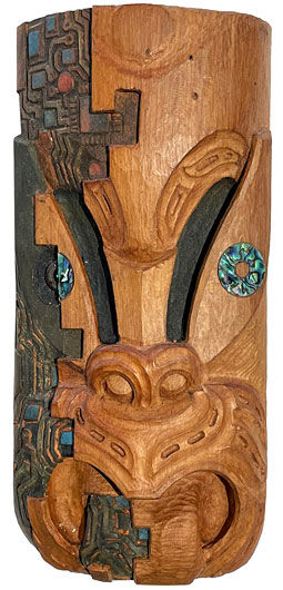 Thumbnail: Contemporary Maori carved wall sculpture, tiki, with modern robot-like design. Modern Maori art.