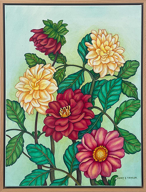 Bright and colourful painting. of dahlias in red, pink, and cream against a mint background. NZ floral artwork.