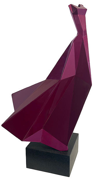 Thumbnail: Elegant steel dress sculpture with an enamel mauve paint render. NZ welded tabletop steel sculptures. Steel artwork. NZ art.