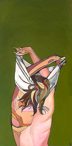 Thumbnail: Expressionist oil painting of a woman's back and arms as she takes off her top. Green background. Full image.