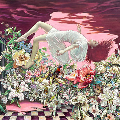 Painting of a woman suspended over a bed of flowers linking to an exhibition of surrealist flower and figurative artwork by Zoe Feng.