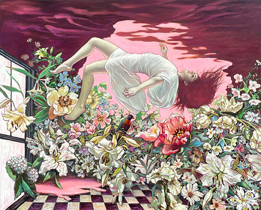 Surreal artwork of a woman floating in pink water above wildflowers and a checkerboard floor. Highly-detailed surrealism.