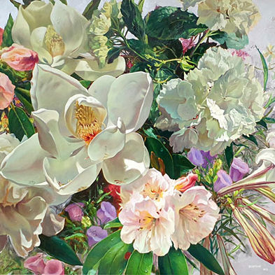 Highly realistic painting of magnolias, peonies, and camellias by NZ flower artist Zoe Feng.