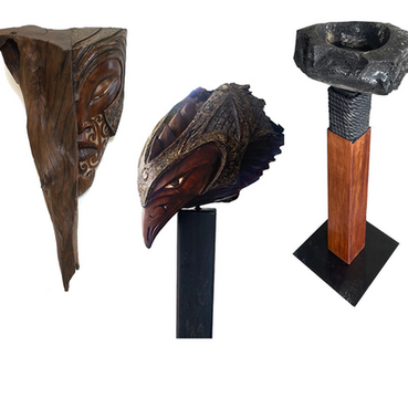 Three maori carved sculptures by a family of maori wood carvers; Joe Kemp; Sherie Kemp; Teimah Kemp; links to exhibition of 2026 sculptural art by the Kemp family.