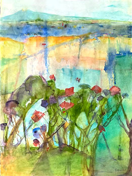 Delicate watercolour landscape artwork of Auckland harbour in greens, blues, and peaches. Triptych. Panel 1.