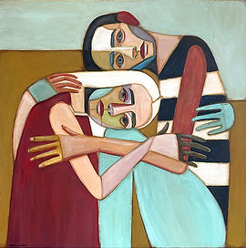 Painting of two people embracing in an abstract style. Links to an exhibition of NZ modern art paintings by Lyndy Wilson, NZ artist.
