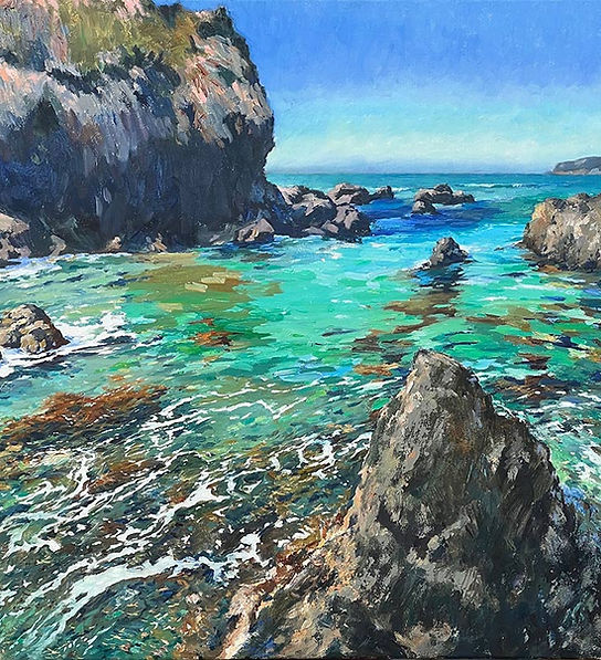 Original oil painting of a rugged NZ inlet with turquoise water swirling around jagged rocks; links to 2025 exhibition of Graham Downs art.