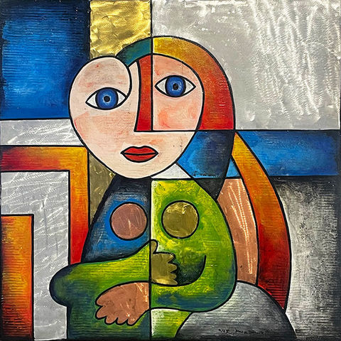Abstract painting inspired by Picasso's woman in a surreal style with mixed media paint, reclaimed wood, and inlaid metal; links to exhibition of paintings about Picasso's woman by Mark Dimock.
