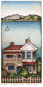 Handmade art print showing an Auckland villa with the harbour, North Head, and Rangitoto Island behind. NZ etchings.