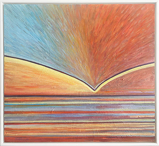 Thumbnail: Original artwork of rainbows at sunset over the sea in soft pastel colours. NZ affordable interior design art. With frame.