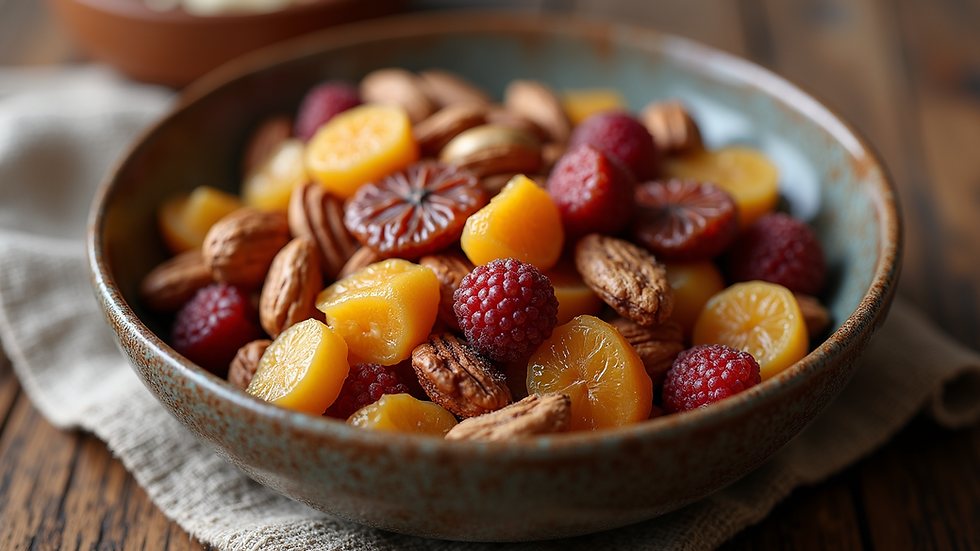 High angle view of a bowl of mixed dried fruits and nuts