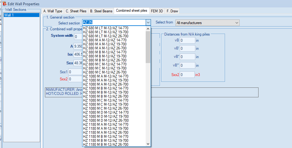 Selecting combined sheet pile sections from implemented databases - DeepEX
