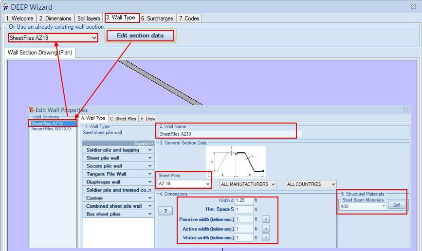  Defining wall section properties in DeepEX model wizard