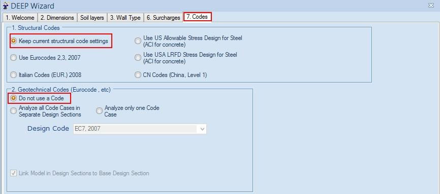Defining the desired structural & geotechnical codes in DeepEX model wizard