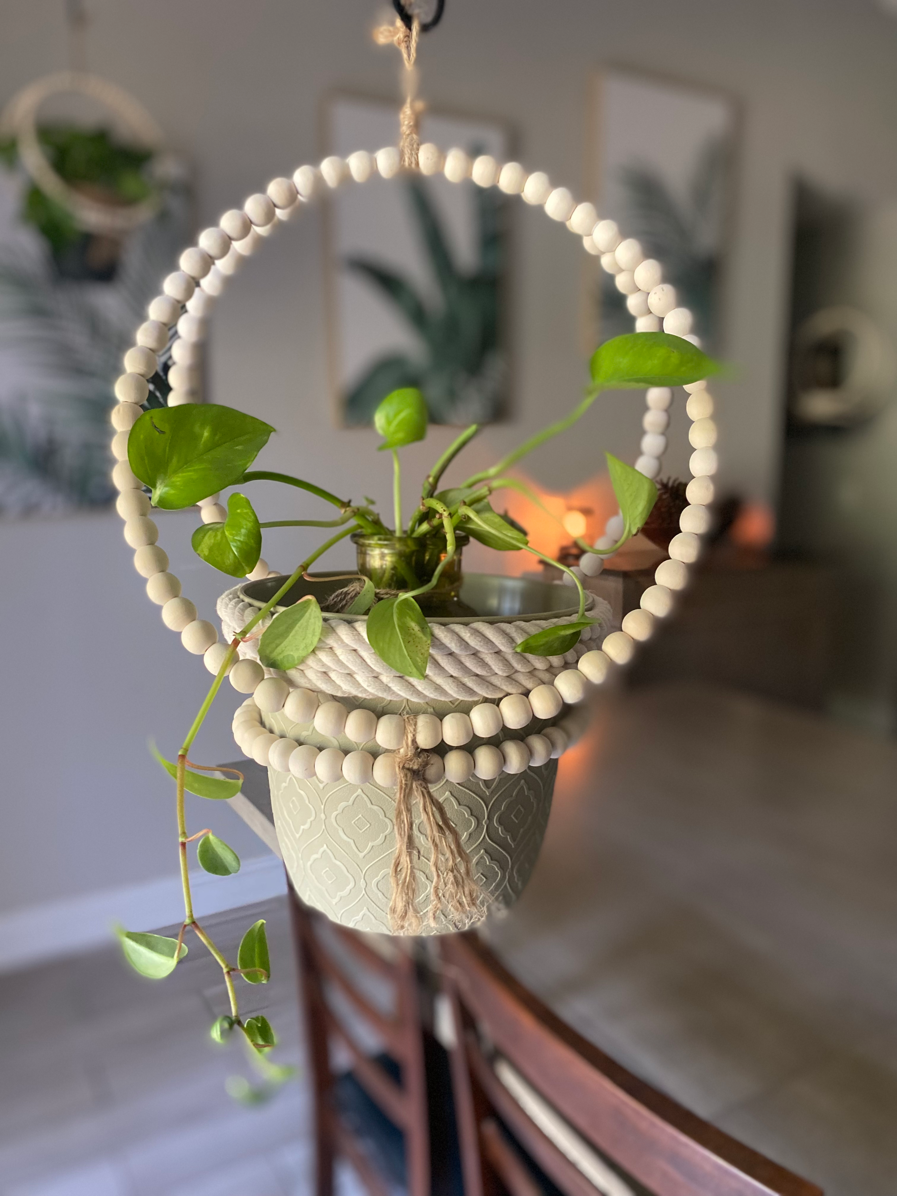 Medium Beaded Hanging Planter (Sage Green 8" Pot)