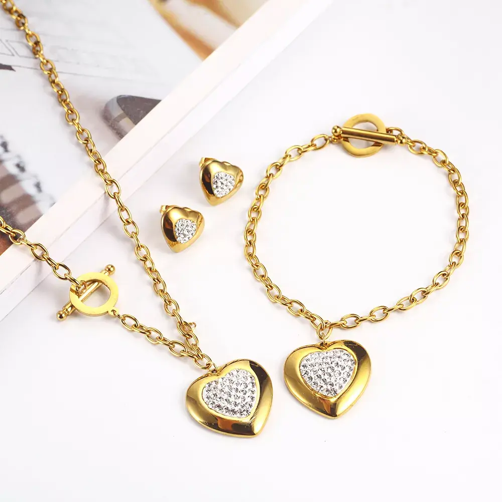 OUFEI Stainless Steel Jewelry Set Heart Necklace Earrings Bracelet