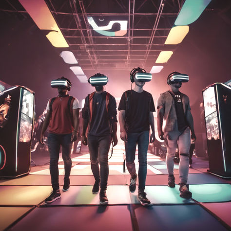 4 players walking while wearing VR headsets in a futuristic arcade