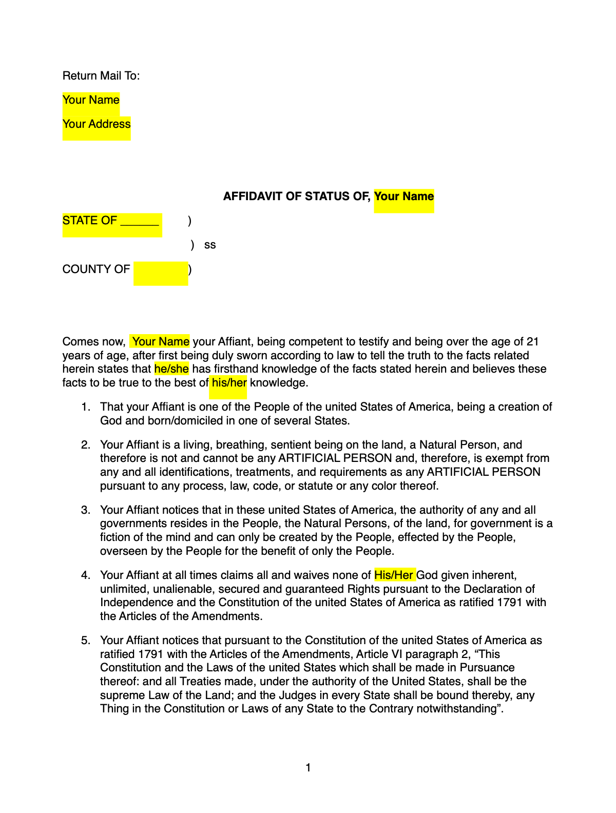 Affidavit of Status