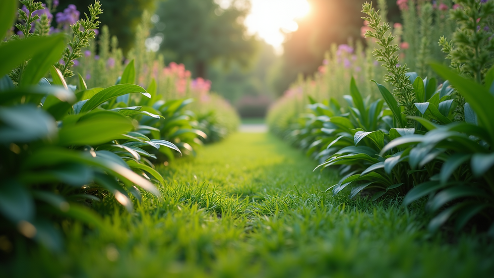 Eye-level view of a lush green garden with diverse plants
