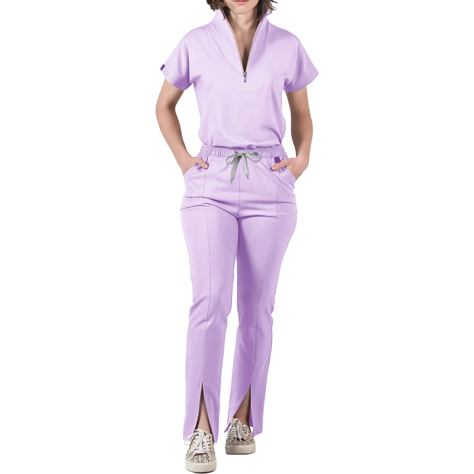Women's Nurse Scrub Set V-Neck Half Zipper Short Sleeve Multi-Color Split Hem Pa