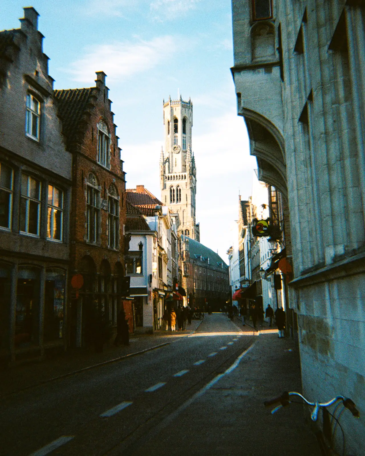 Street view of the Belfry of Bruges in Belgium