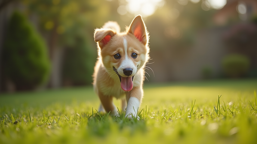 Vista a nivel de ojos de un cachorro jugando en el jardín