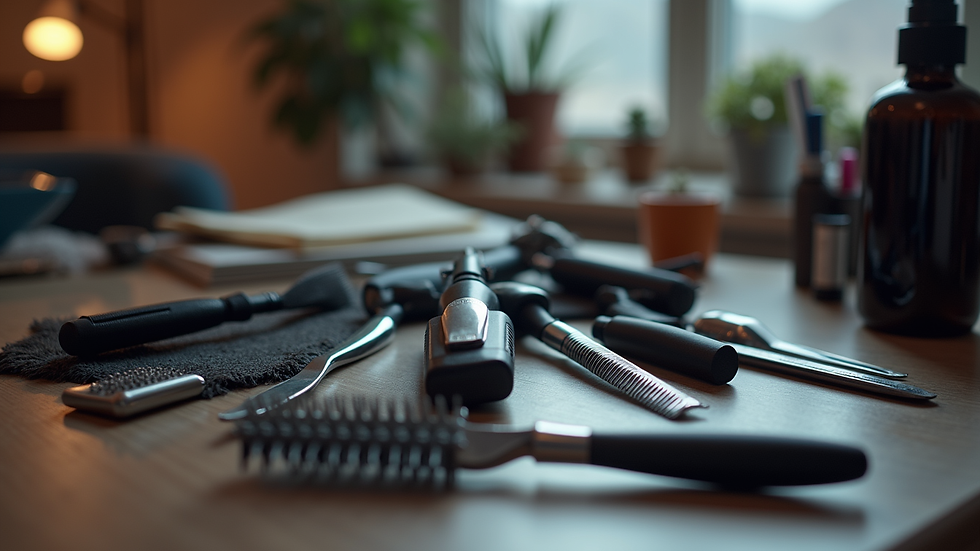 Close-up of grooming tools arranged neatly on a table
