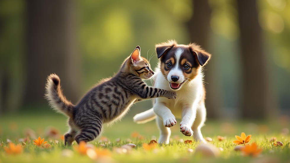 Vista a nivel de ojos de un perro y un gato jugando juntos en el parque