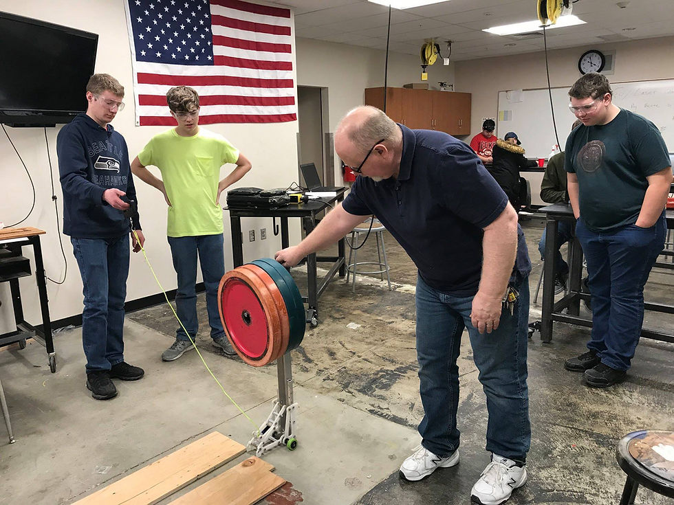 Cole, Ben, Braven and Mentor Sam testing the weight capacity of their prototype