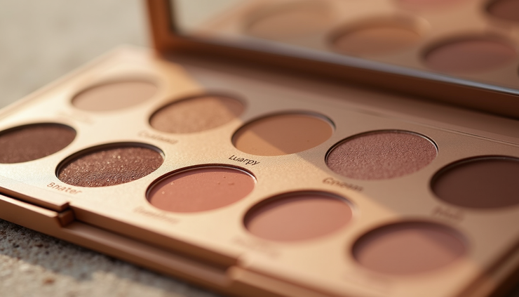 Eye-level view of a makeup palette with neutral and warm tones