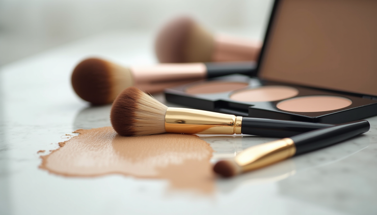 Close-up view of makeup brushes and soft foundation palette