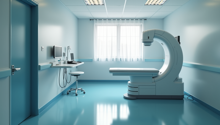 Eye-level view of a medical clinic examination room with bone density scan equipment