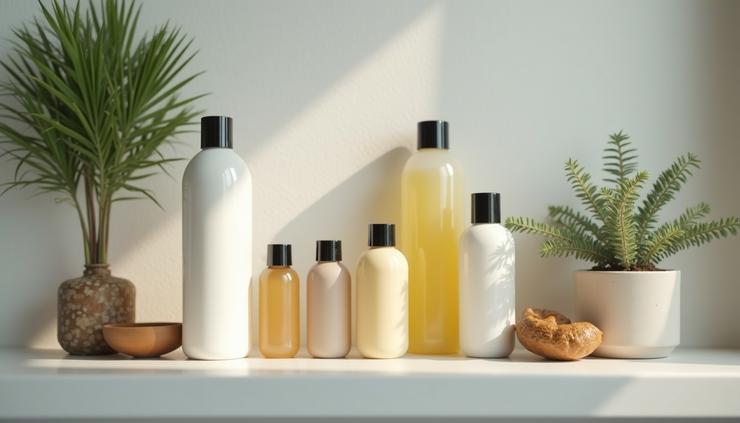 Eye-level view of hair care products and natural remedies on bathroom shelf