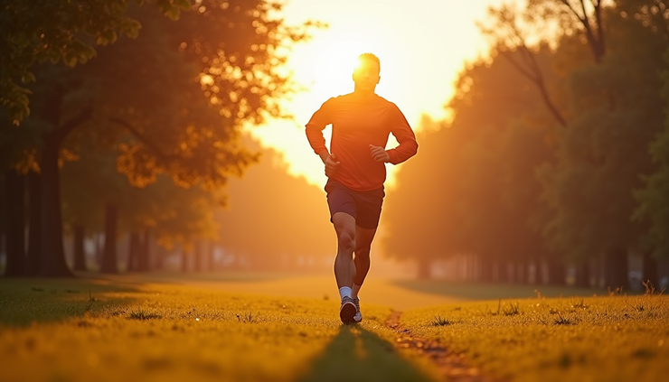 Eye-level view of a man jogging in a park during early morning