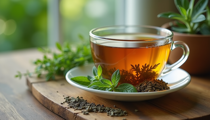 Eye-level view of a cup of herbal tea with fresh herbs on a wooden table