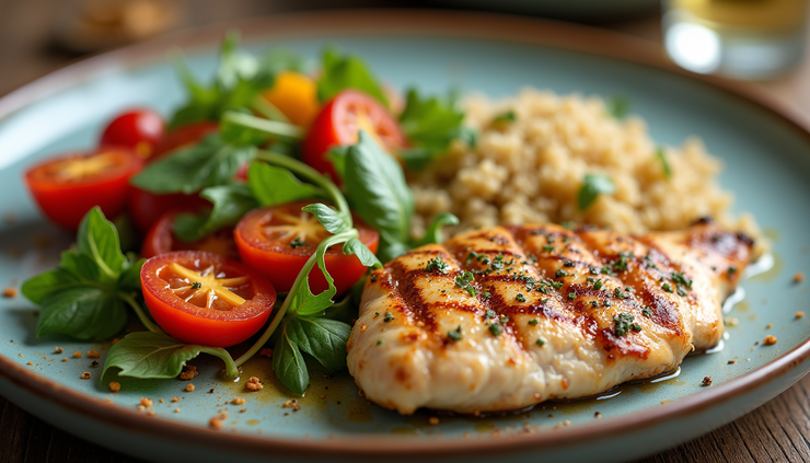 Close-up view of a balanced meal with vegetables, grilled chicken, and quinoa