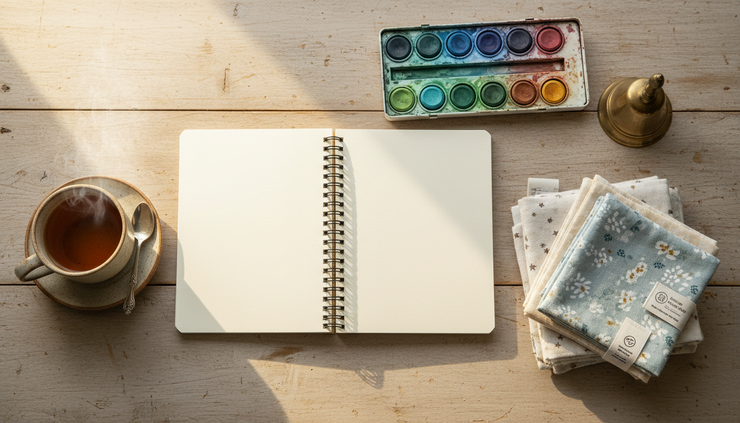 Overhead view of an open notebook beside watercolours, a small bell and baby-safe sensory fabrics.