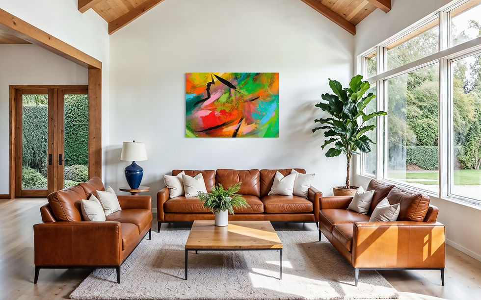Miniaturbild: Farben erwachen I  als großformatiger Kunstdruck über einem Sofa in einem hellen Wohnraum.
