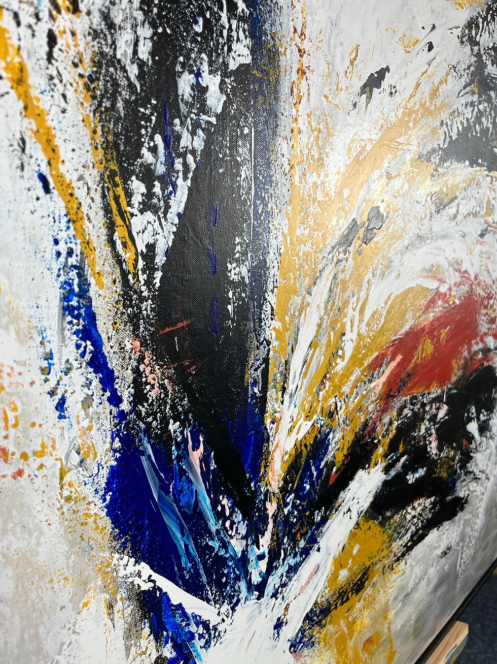 Miniaturbild: SPLASH 9 Acrylbild mit abstrakten explosiven Farbformen in Blau, Rot, Gelb und Schwarz