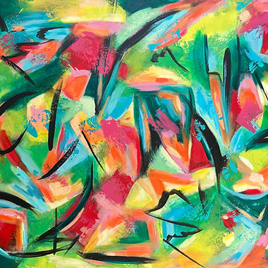 Farben tanzen – abstraktes Acrylbild in Türkis, Grün, Gelb, Orange, Rot und Rosé mit schwarzen Linien 