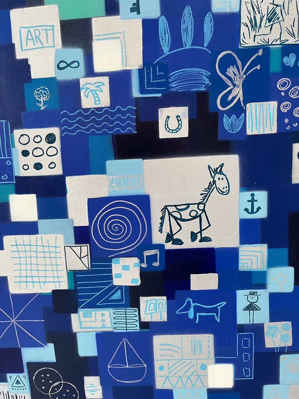 Miniaturbild: NAIVE GESCHICHTEN IM QUADRAT 6 | Originalkunst in Blau mit feinen Zeichnungen, Mustern und Figuren